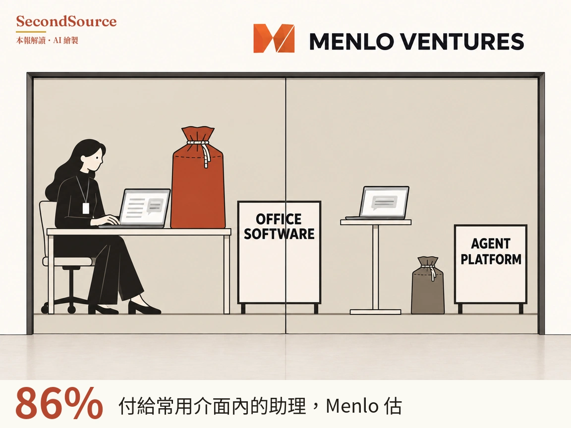 概念插圖：上方右側有一個橙色幾何標誌和「MENLO VENTURES」字樣，下方是一個以中間豎線分成左右兩區的大框形空間；左區一位長黑髮、穿深色衣服、掛著識別證的人坐在椅子上，在桌前用筆電打字，桌上放著一個大的紅橙色束口袋，中線旁立著寫有「OFFICE SOFTWARE」的看板。右區有一張高腳小桌放著一台螢幕顯示對話框的筆電，地上有一個較小的棕色束口袋，旁邊立著寫有「AGENT PLATFORM」的看板。