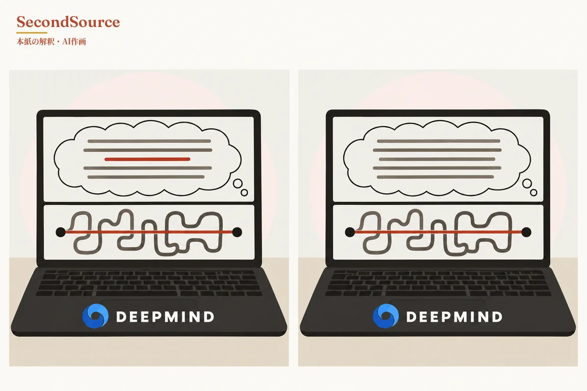 コンセプトイラスト:黒っぽいノートパソコン2台が並び、どちらもキーボードの下に白い「DEEPMIND」の文字と青い渦巻き模様がある。各画面の上部には灰色の横線が並ぶ思考の吹き出しがあり、下部には赤い直線で結ばれた2つの黒い点と、その間を行ったり来たりする灰色の曲がりくねった線が描かれている。2台の違いは、左の吹き出しだけ灰色の線の間に赤い線が1本あり、右の吹き出しには灰色の線しかない点だ。