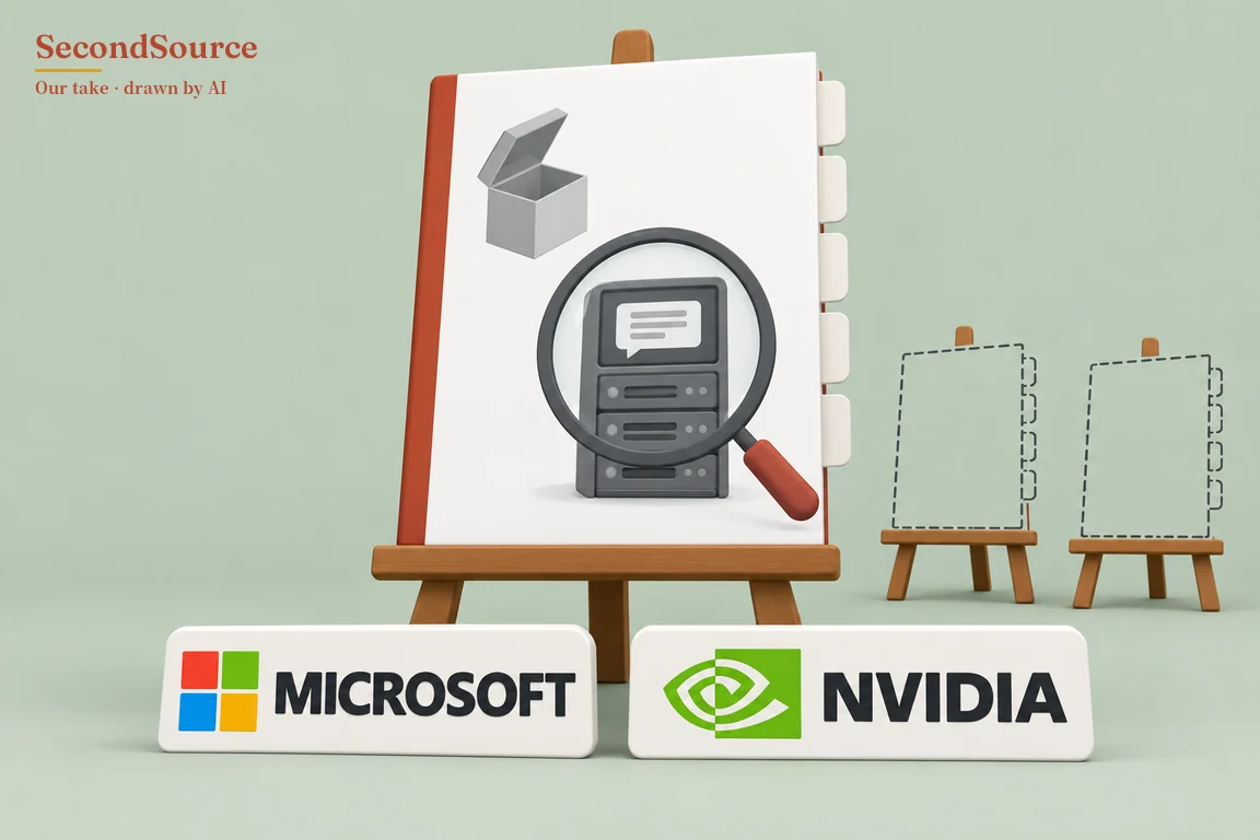 Concept illustration on a pale green background: a large brown easel holds a white board with a red-orange spine on the left and five white tabs on the right edge, and on the board are an open grey box at upper left and a magnifying glass with a red-orange handle in front of a dark grey server-like tower, whose screen shows a speech bubble above three stacked bays. To the right, two smaller brown easels hold dashed outlines of similar tabbed boards, and in front stand two white plaques, the left one lettered MICROSOFT beside four coloured squares and the right one lettered NVIDIA beside a green square with a white swirl.