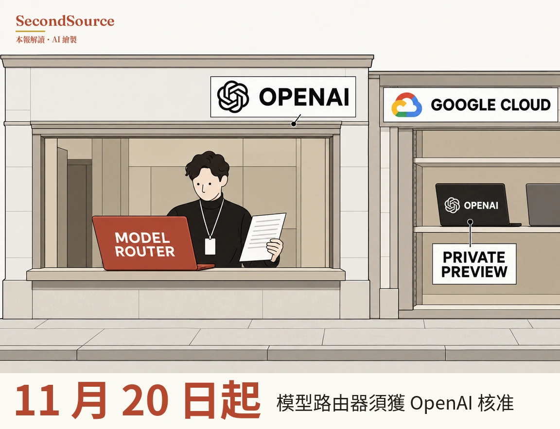 概念插圖：人行道旁有兩間相連的店面，左邊店面的招牌寫著 OPENAI，旁邊有一個結狀標誌，招牌下的窗口櫃檯後站著一位深色捲髮、身穿黑色高領衫、頸掛識別證的人，手拿一張印有幾道灰色橫線的紙，面前櫃檯上是一台寫著 MODEL ROUTER 的紅色筆電。右邊店面的招牌寫著 GOOGLE CLOUD，旁邊有一個多色雲朵標誌，架上放著一台印有結狀標誌和 OPENAI 字樣的黑色筆電，一條短線從架緣連到下方寫著 PRIVATE PREVIEW 的牌子，右緣還有一台只露出一部分的灰色筆電。