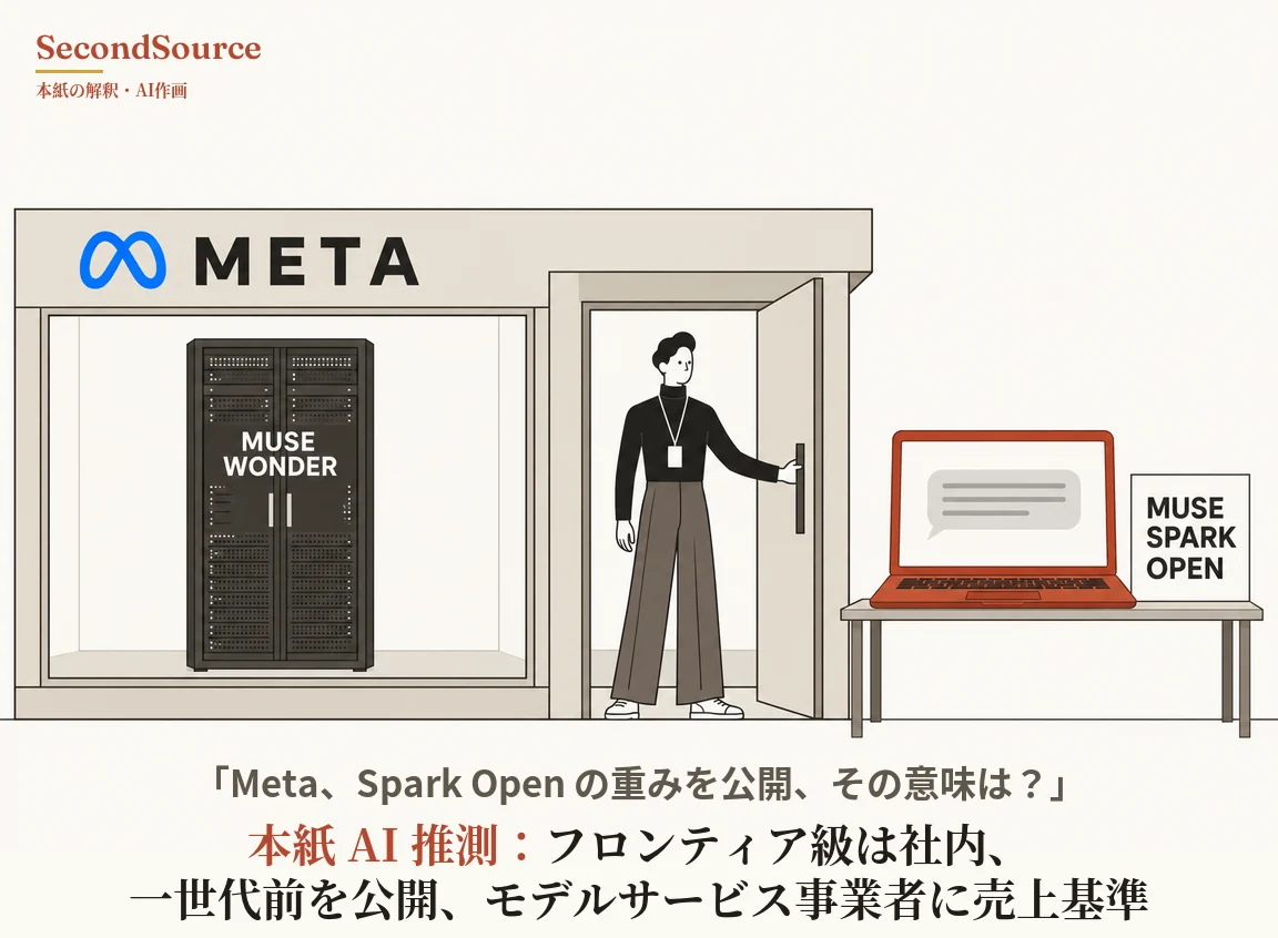 コンセプトイラストで、META の文字と青いループ状のマークを掲げた淡いグレーの建物の左側の大きな窓に、MUSE WONDER と書かれた両開きの黒っぽいサーバーラックが立っている。右側の開いたドアの戸口では、黒いタートルネックに灰褐色のワイドパンツ姿で首から名札を下げた人物が取っ手を握り、建物の外の右にあるテーブルには、画面に灰色の吹き出しが映るオレンジがかった赤のノートパソコンと、MUSE SPARK OPEN と書かれた白い札が置かれている。