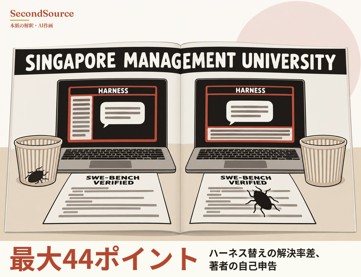 コンセプトイラスト:ベージュの背景に開いた雑誌の見開きがあり、上部の黒い帯には白文字で「SINGAPORE MANAGEMENT UNIVERSITY」とあり、左右のページにそれぞれノートパソコンが置かれ、画面には「HARNESS」と書かれた赤枠のウィンドウと吹き出しが表示されている(左のウィンドウには側面のリスト欄、右のウィンドウには下部のテキスト欄がある)。各パソコンの手前には灰色の文字線が並ぶ「SWE-BENCH VERIFIED」と題された紙が置かれ、両端には縞模様のごみ箱がそれぞれあり、左のごみ箱の中に黒い虫が1匹、右の紙の上にもう1匹いて、右上の背景には淡いピンクの円がある。
