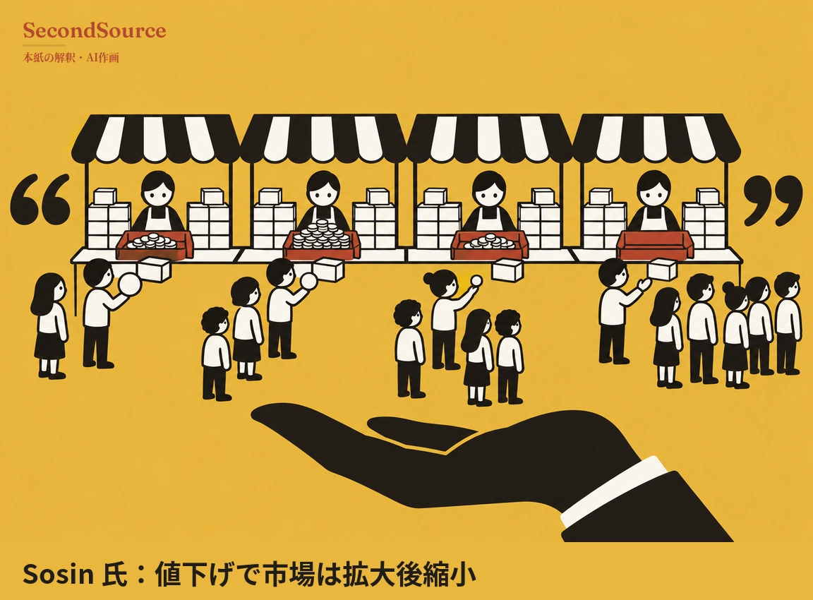 からし色の背景に、白黒ストライプの日よけを付けた4つの屋台が横一列に並ぶコンセプトイラストで、各屋台ではエプロン姿の売り手が白い箱の山の間に立ち、前の赤いトレーのうち左の3つには硬貨のような丸い円盤が積まれ、右端のトレーには円盤が見当たりません。屋台の前には円盤を掲げたり白い箱に手を伸ばしたりする人々の小さな列があって右端の屋台の列が最も長く、屋台の左右には大きな黒い引用符、下部には右下から伸びて手のひらを上に向けた大きな黒いシルエットの手が白いシャツの袖口とともに描かれています。