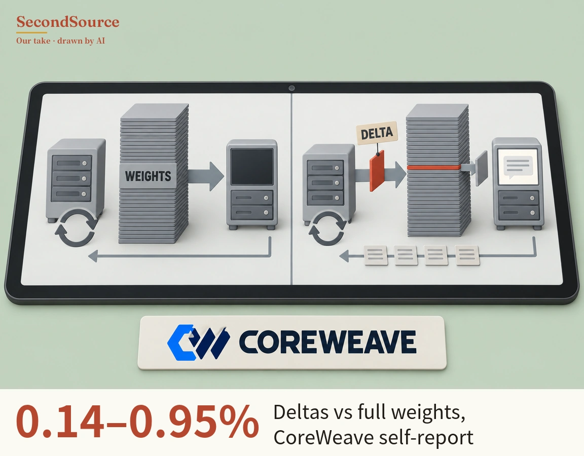 Concept illustration of a tablet screen split into two panels: on the left, a server unit with circular arrows below it stands beside a tall layered stack labeled WEIGHTS, an arrow runs from the stack to a second server with a dark screen, and a long arrow along the bottom points back to the left. On the right, a similar server with circular arrows sends an arrow through a thin red slab tagged DELTA toward a tall layered stack with one red layer, which a short gray piece links to a server whose screen shows a speech-bubble icon, while a bottom arrow carrying four small document cards points back to the left; below the tablet is a plaque with a blue geometric mark and the lettering COREWEAVE.