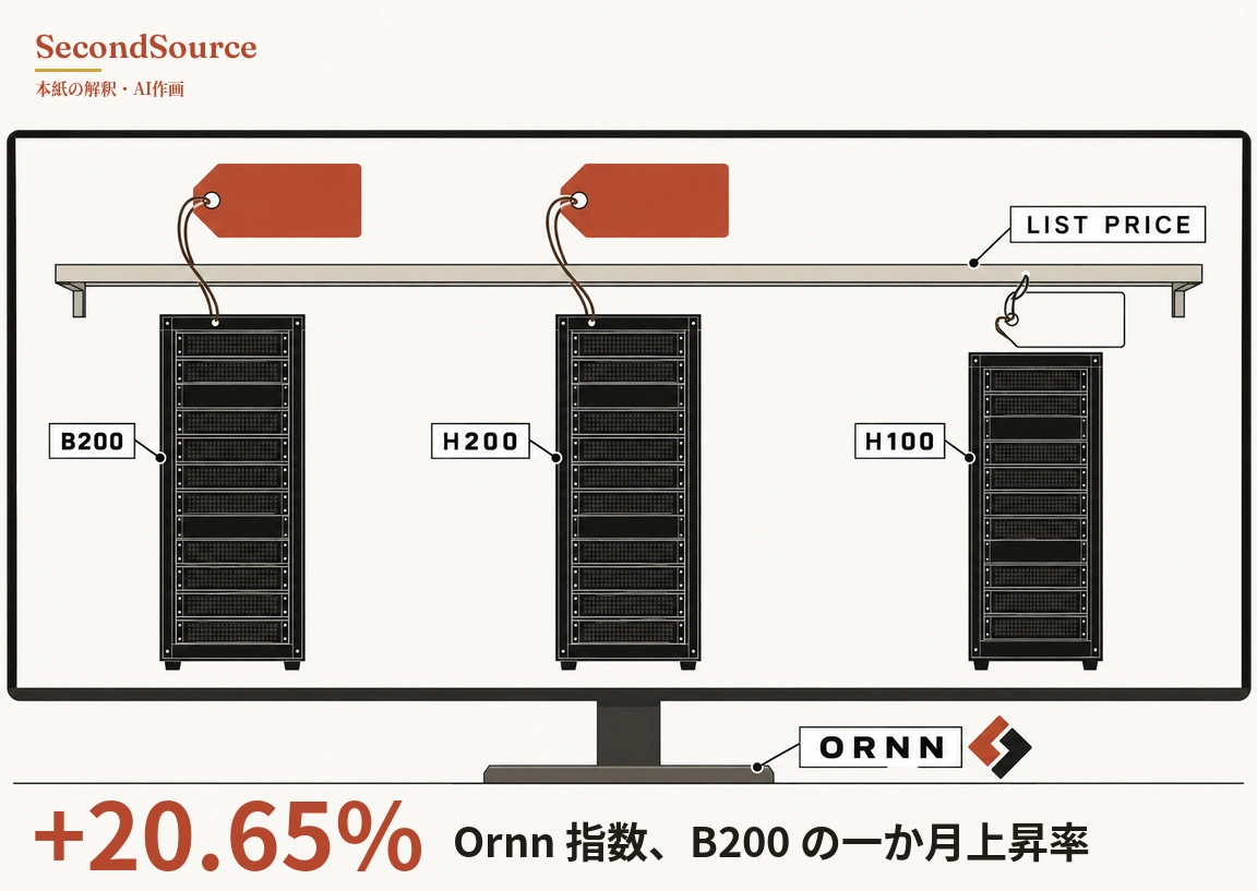 コンセプトイラスト:パソコンのモニター画面に B200、H200、H100 とラベルの付いた黒いサーバーラック3台が並び、その上に LIST PRICE と書かれた長い横棚が渡されていて、B200 と H200 のラック上端から紐でつながった無地の赤いタグが棚より上に出ている一方、背の低い H100 のラックの横では無地の白いタグが棚の下に下がっている。モニターの台座には、赤と黒の角ばったマークの横に ORNN と書かれたラベルが引き出し線で付いている。