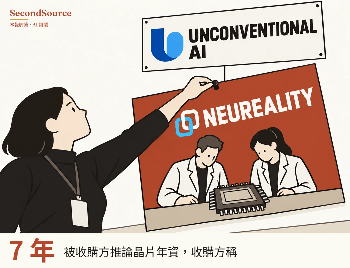 概念插圖:上方一塊白色招牌寫著「UNCONVENTIONAL AI」,旁邊有藍色 U 形圖案,一條細線從招牌往下連到一塊傾斜的紅色板子;紅板上寫著「NEUREALITY」,旁邊有兩個相扣方框組成的藍色圖案,板上還畫著兩名穿白色實驗袍的人,坐在台前低頭看一顆帶針腳的大方形晶片。左側一名穿黑色上衣、掛著識別證的女性伸手向上,捏著紅板上緣的一顆黑色圓頭釘。