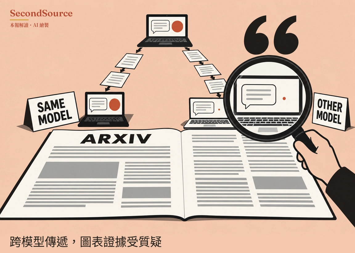 概念插圖，淺橙粉色背景：上方中央一台黑色筆電，螢幕上有對話框和一個大紅點，兩串箭頭與紙張從它向左右兩側往下延伸；左下方是一台同樣顯示對話框和大紅點的黑色筆電，旁邊立著寫有「SAME MODEL」的立牌，右下方是一台螢幕上有對話框和一個小紅點的淺色筆電，旁邊立著寫有「OTHER MODEL」的立牌，一隻手拿放大鏡對著這台淺色筆電，右上角有一對大大的黑色引號。最下方是一份攤開的印刷文件，左頁頂端寫著「ARXIV」，頁面上是灰色的文字線條和色塊。