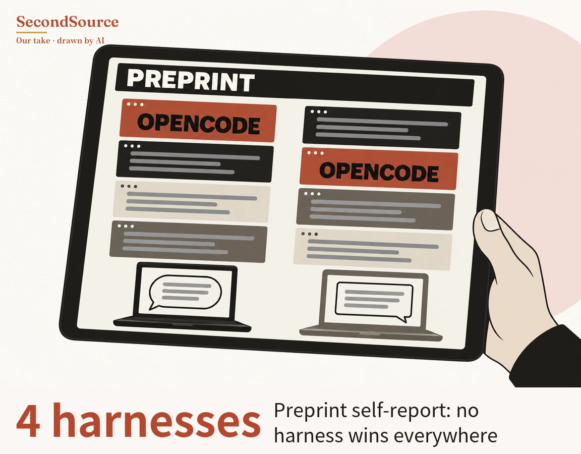 Concept illustration of a hand on the right holding a tablet whose screen shows a black header bar lettered PREPRINT above two side-by-side columns of four stacked window cards, each with three small dots and grey lines. The left column runs, from top, a red card lettered OPENCODE, then black, beige and grey-brown cards; the right column runs black, a red card lettered OPENCODE, grey-brown and beige. Below each column is a laptop, black on the left and grey on the right, each screen showing a speech bubble filled with grey lines, with a pale pink circle in the background at upper right.