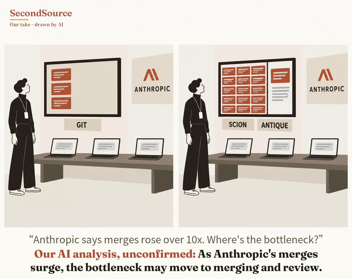 Concept illustration in two side-by-side panels: in each, a person in black clothing wearing a lanyard badge stands at left looking up at a large wall screen, a wall sign at right shows a symbol above the lettering ANTHROPIC, and three laptops with grey lines on their screens sit on a long table in front. In the left panel the screen shows three red blocks above a label reading GIT; in the right panel the screen is split into a large grid of red blocks and a section with one red block over grey lines, above two labels reading SCION and ANTIQUE.