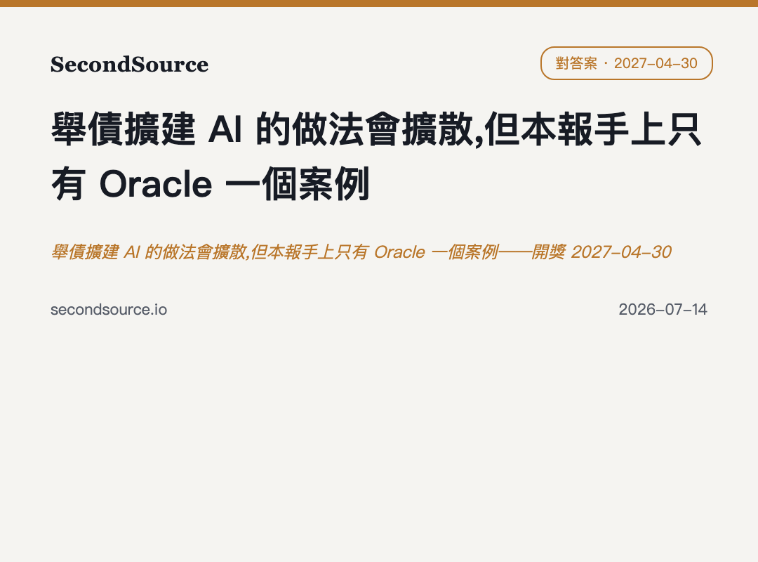 舉債擴建 AI 的做法會擴散,但本報手上只有 Oracle 一個案例——開獎 2027-04-30