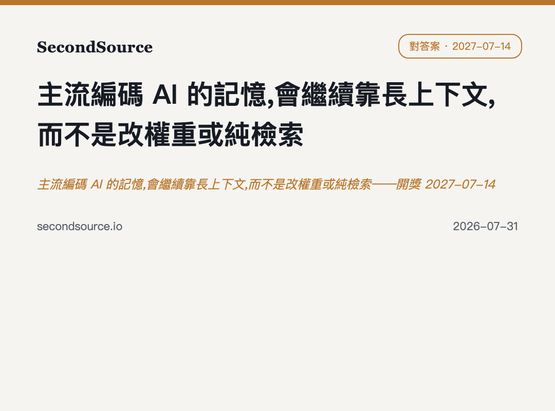 主流編碼 AI 的記憶,會繼續靠長上下文,而不是改權重或純檢索——開獎 2027-07-14