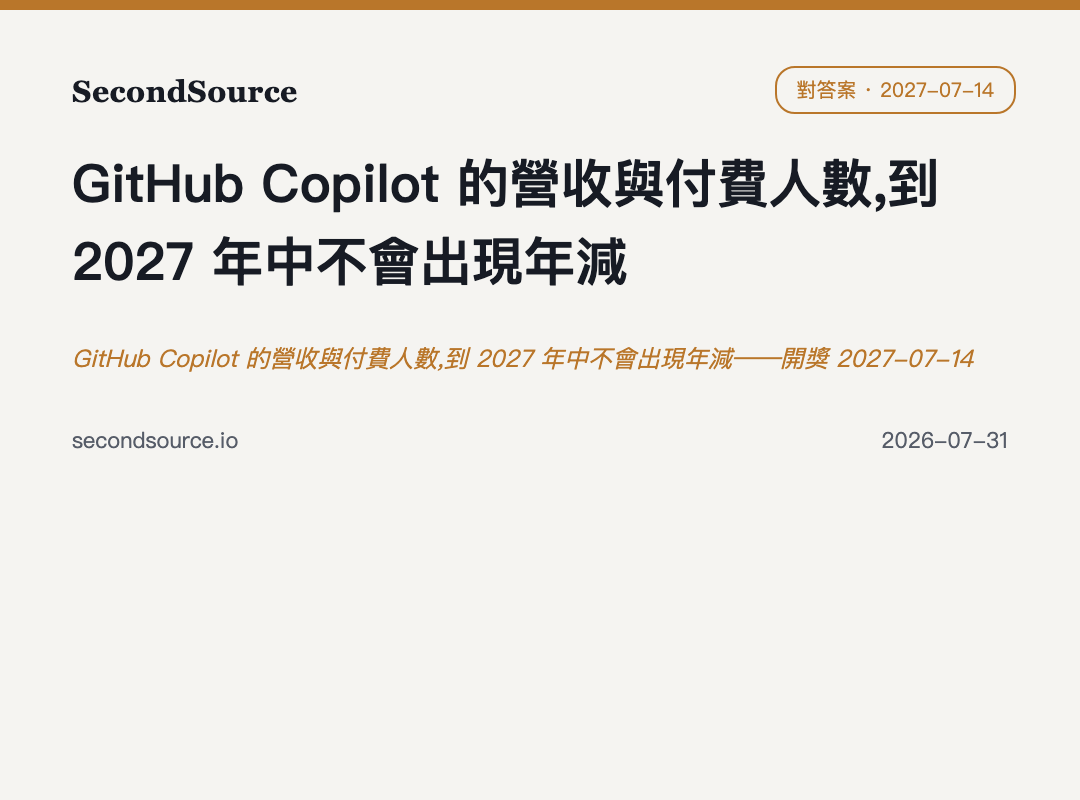 GitHub Copilot 的營收與付費人數,到 2027 年中不會出現年減——開獎 2027-07-14
