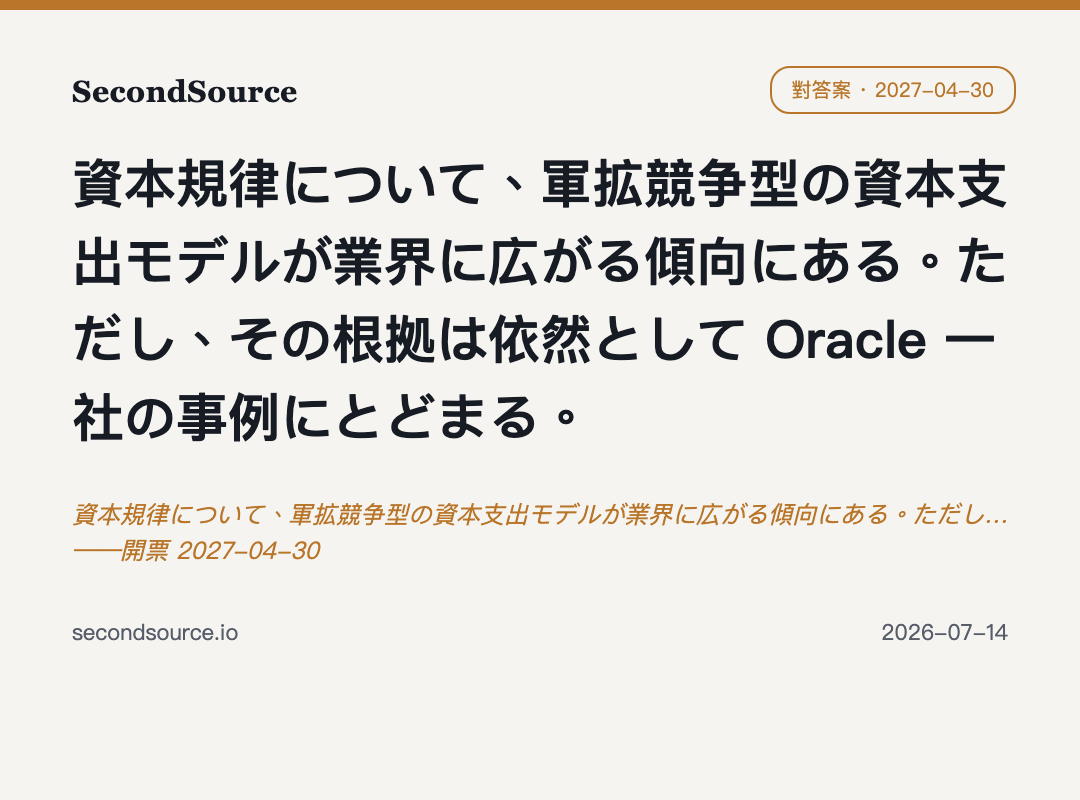 資本規律について、軍拡競争型の資本支出モデルが業界に広がる傾向にある。ただし…——開票 2027-04-30