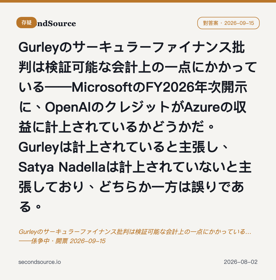 Gurleyのサーキュラーファイナンス批判は検証可能な会計上の一点にかかっている…——係争中・開票 2026-09-15